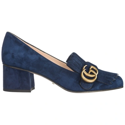Shop Gucci Women's Leather Pumps Court Shoes High Heel Doppia Gg In Blue
