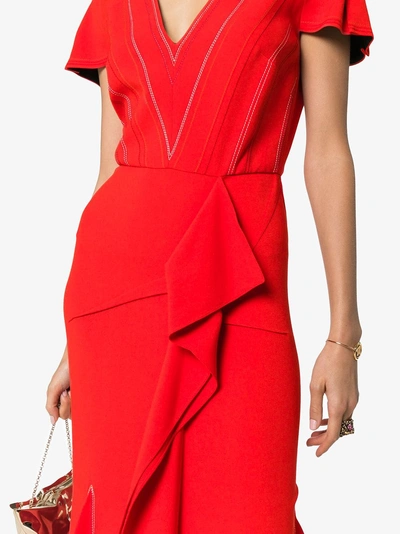 Shop Roland Mouret Bates Stretch V-neck Ruffle Detail Dress In Red