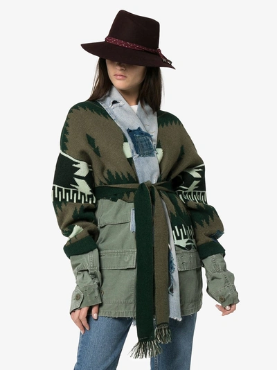 Shop Alanui Extended Sleeve Multitextured Belted Cardigan In Green Multicoloured
