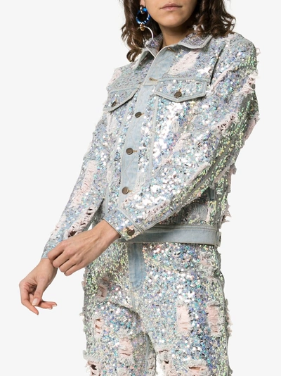 Shop Ashish Sequin Embellished Ripped Denim Jacket In Metallic