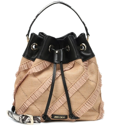 Shop Jimmy Choo Juno Leather And Raffia Bucket Bag In Beige