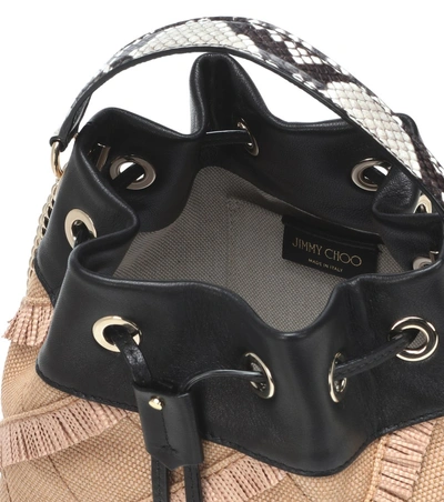 Shop Jimmy Choo Juno Leather And Raffia Bucket Bag In Beige