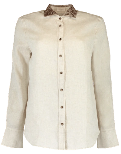 Shop Brunello Cucinelli Embroidered Linen Western Blouse In Oyster