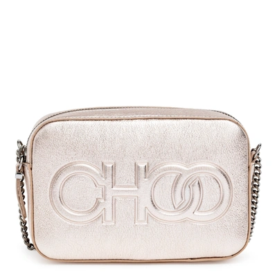 Shop Jimmy Choo Platinum Metallic Nappa Leather Embossed Logo Camera Bag In Metallic/gold/silver