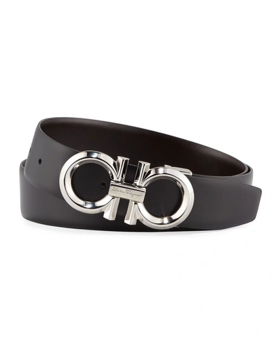 Shop Ferragamo Men's Reversible Textured Leather Belt With Beveled Gancini Buckle In Black