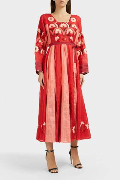 Shop Vita Kin Magnolia-embroidered Linen Kaftan In Red