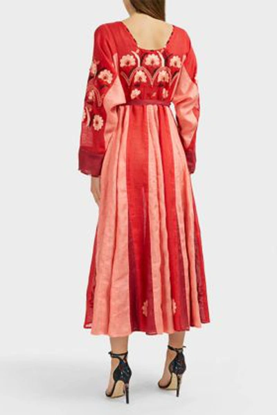 Shop Vita Kin Magnolia-embroidered Linen Kaftan In Red