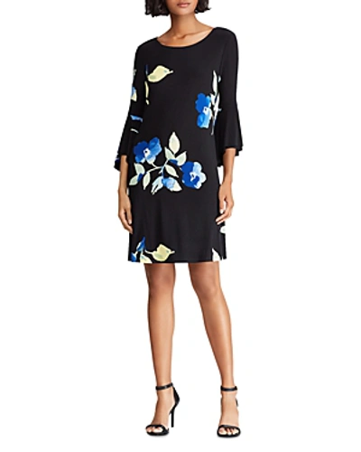 Shop Ralph Lauren Lauren  Bell-sleeve Floral-jersey Dress In Black/blue/multi