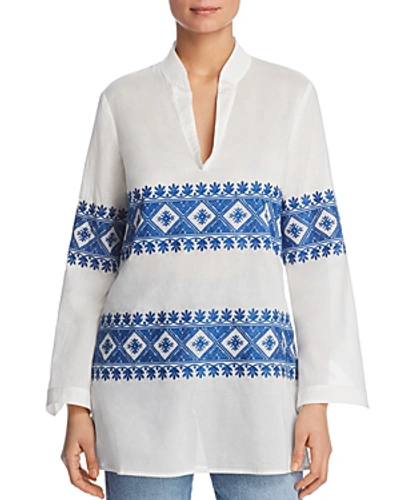 Shop Tory Burch Stephanie Embroidered Tunic Top In New Ivory / Bondi Blue