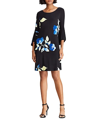 Shop Ralph Lauren Lauren  Petites Bell-sleeve Floral-jersey Dress In Black/blue/multi