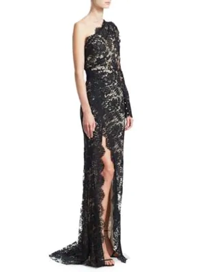 Shop Monique Lhuillier One-shoulder Long-sleeve Lace Side Slit Gown In Noir