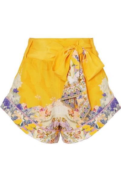 Shop Camilla Embellished Printed Silk Crepe De Chine Shorts In Yellow