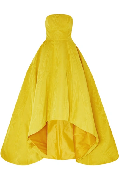 Shop Oscar De La Renta Strapless Asymmetric Cotton-blend Moire Gown In Yellow