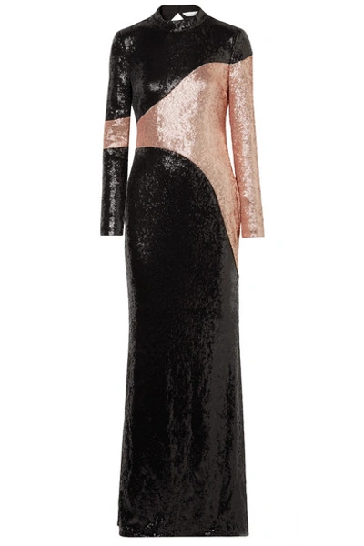 Shop Rachel Zoe Genevieve Open-back Two-tone Sequined Crepe Gown In Black
