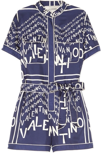 Shop Valentino Printed Silk-twill Playsuit In Blue