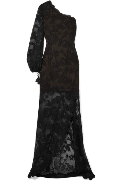 Shop Oscar De La Renta One-shoulder Tasseled Corded Lace Gown In Black