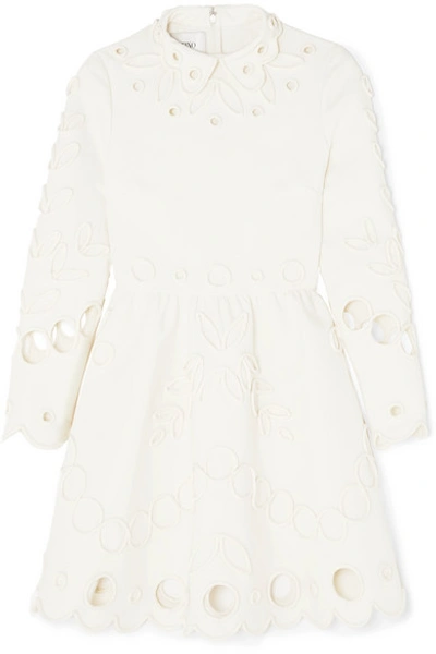 Shop Valentino Appliquéd Laser-cut Crepe Mini Dress In Ivory