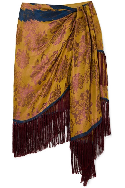 Shop Oscar De La Renta Wrap-effect Fringed Silk-jacquard Mini Skirt In Yellow