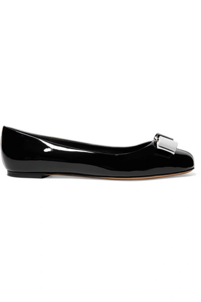 Shop Ferragamo Varina Bow-embellished Two-tone Patent-leather Ballet Flats In Black