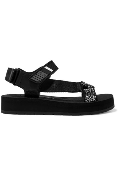 Shop Prada Logo-embossed Rubber-trimmed Leather And Canvas Sandals In Black