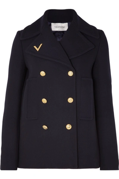 Shop Valentino Embellished Double-breasted Wool Peacoat In Navy