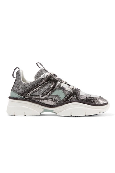 Shop Isabel Marant Kindsay Logo-print Metallic, Glittered And Smooth Leather Sneakers In Silver