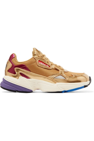 Shop Adidas Originals Falcon Metallic Mesh And Faux Leather Sneakers In Gold