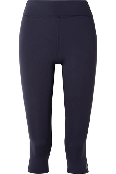 Shop Tory Sport Cropped Striped Stretch-tactel Leggings In Navy