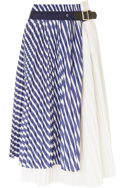 Shop Sacai Pleated Striped Cotton-poplin Wrap Skirt In Blue