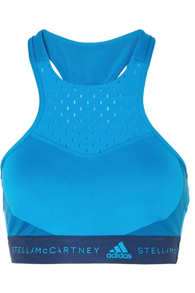 Shop Adidas By Stella Mccartney Fitsense Mesh-paneled Climalite Sports Bra In Blue