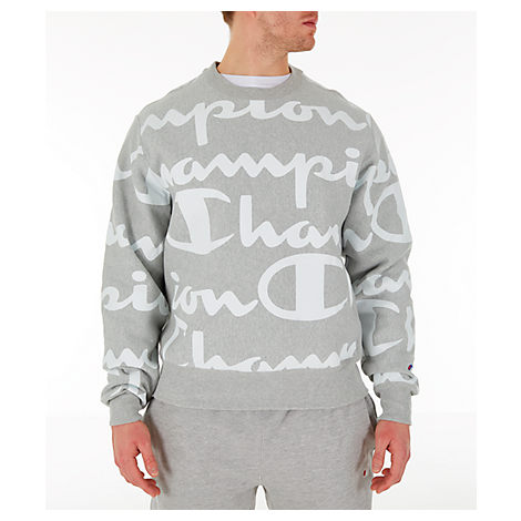 champion reverse weave allover script grey hoodie
