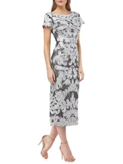 Shop Js Collections Boatneck Embroidered Midi Dress In Silver Gunmetal