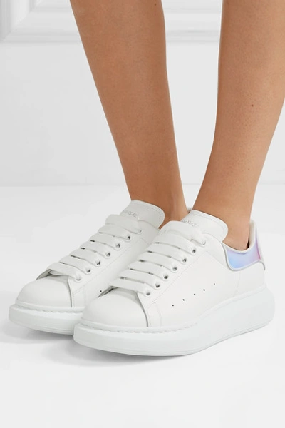 Shop Alexander Mcqueen Iridescent-trimmed Leather Exaggerated-sole Sneakers In White