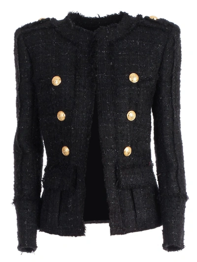 Shop Balmain Double Breasted Tweed Jacket In Opa Black