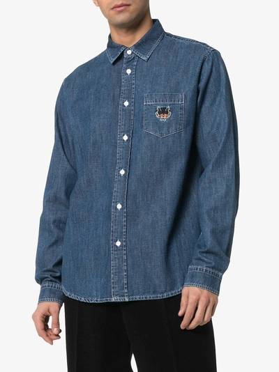 Shop Kenzo Tiger Embroidered Denim Shirt In Blue