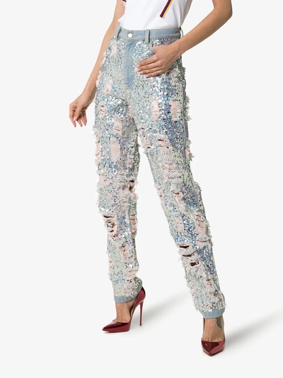 Shop Ashish Sequin Embellished Ripped Boyfriend Jeans In Metallic