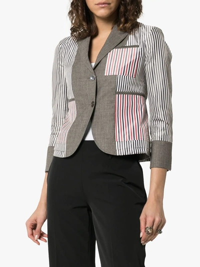 Shop Thom Browne Striped Patchwork Effect Blazer Jacket In 035 Grey