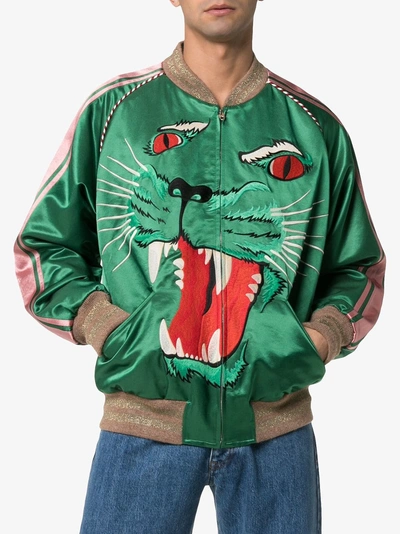 Shop Gucci Tiger Face Embroidered Bomber Jacket In 3101 Green