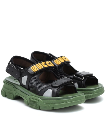 Shop Gucci Aguru Leather And Mesh Sandals In Black