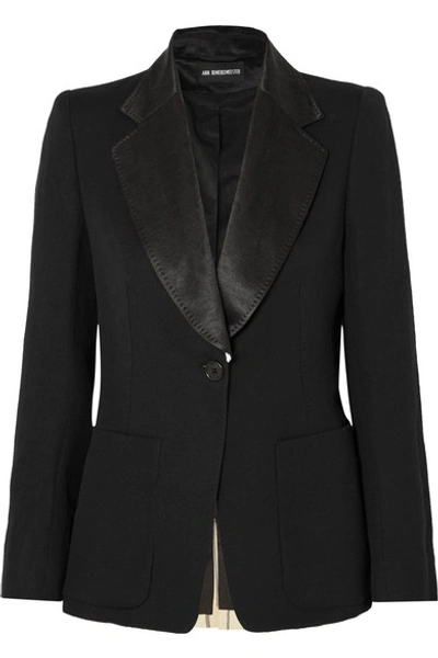 Shop Ann Demeulemeester Satin-paneled Cotton And Linen-blend Twill Blazer In Black