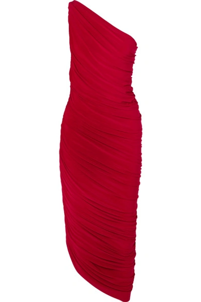 Shop Norma Kamali Diana One-shoulder Ruched Stretch-jersey Dress In Red