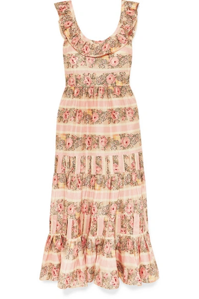 Shop Loveshackfancy Joanne Ruffled Tiered Printed Silk-satin Maxi Dress In Blush