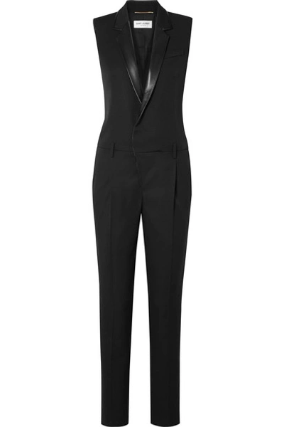 Shop Saint Laurent Leather-trimmed Grain De Poudre Wool Jumpsuit In Black