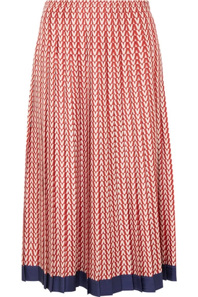 Shop Valentino Pleated Printed Silk-twill Midi Skirt In Red