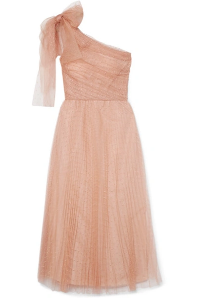 Shop Red Valentino One-shoulder Pleated Point D'esprit Tulle Midi Dress In Pink