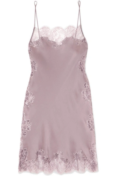 Shop Carine Gilson Chantilly Lace-trimmed Silk-satin Chemise In Lilac