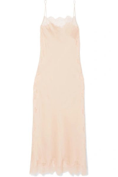 Shop Carine Gilson Anna Chantilly Lace-trimmed Silk Nightdress In Neutral