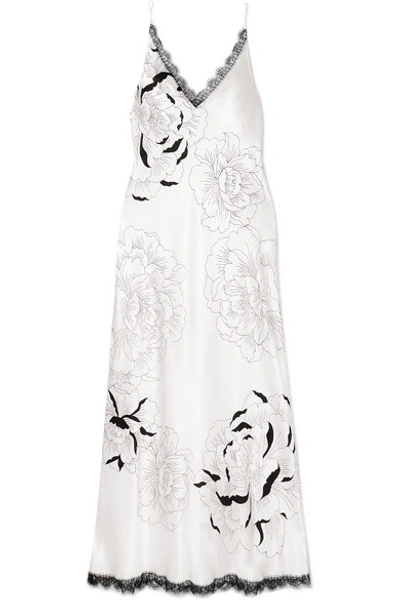 Shop Carine Gilson Chantilly Lace-trimmed Floral-print Silk-satin Nightdress In Ivory
