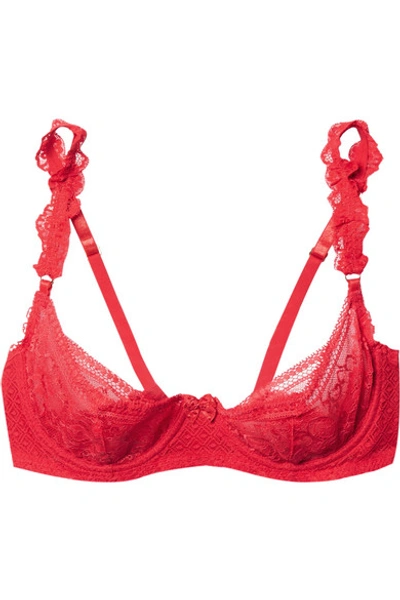 Shop Stella Mccartney Ophelia Whistling Stretch-leavers Lace And Satin Underwired Bra In Tomato Red