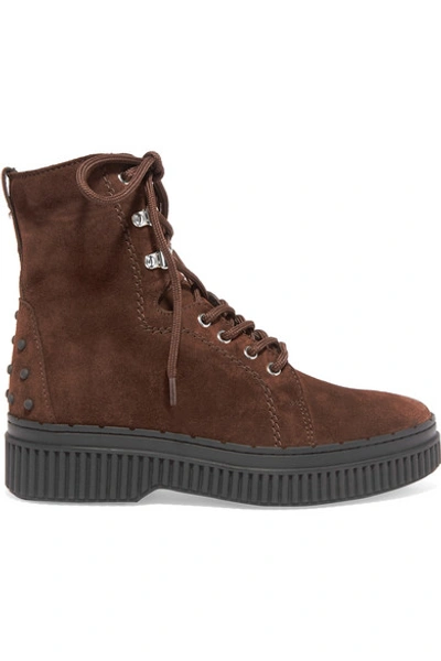 Shop Tod's Lace-up Shearling-lined Suede Ankle Boots In Brown